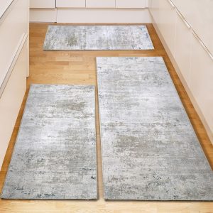 HOMBYS Washable Non Slip Kitchen Rugs Set of 3,Modern Abstract 3 Piece Kitchen Mats for Floor,Absorbent Carpet for Kitchen,Soft Low Pile Kitchen Runner Rug for Sink,Laundry,Washroom,Brown