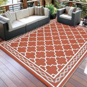 Outdoor Rug 8x10 Reversible Mats, Plastic Straw Rug, Large Floor Mat and Rug for Outdoors, Modern Area Rug, Patio, Backyard, Deck, Picnic, Beach, Trailer, Camping, Orange/White(Geometric)