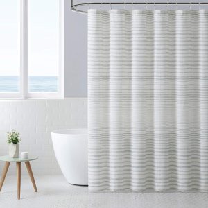 Fabric Shower Curtain, Stylish Striped Bathroom Decor, Hook Holes Top (Tidal Stripe Beige, 72" x 72")
